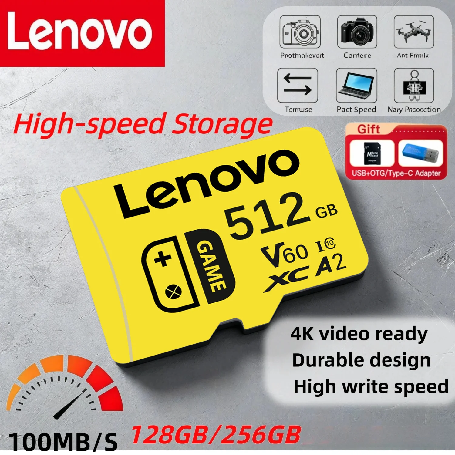 오리지널 레노버 대용량 마이크로 TF SD 카드 64GB/128GB U3 4K 플래시 메모리 카드 (휴대폰, 카메라, 태블릿 PC, 스위치용) 256GB/512GB