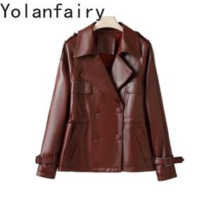 YOLANFAIRY 가을 정품 가죽 자켓 여성 워터 왁스 세미 베지터블 태닝 양가죽 리얼 가죽 코트 패션 아우터웨어