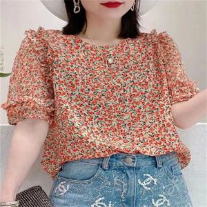 여성 여름 캐주얼 블라우스 반팔 나비 넥타이 칼라 프린트 탑 레이디 스타일 셔츠 세련된 여름 블라우스