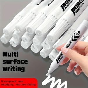 6개입 화이트 마커 세트 - 고품질 얼룩 방지 유성 잉크, 플라스틱, 유리 및 금속 표면용 중간 팁, 영구 마커