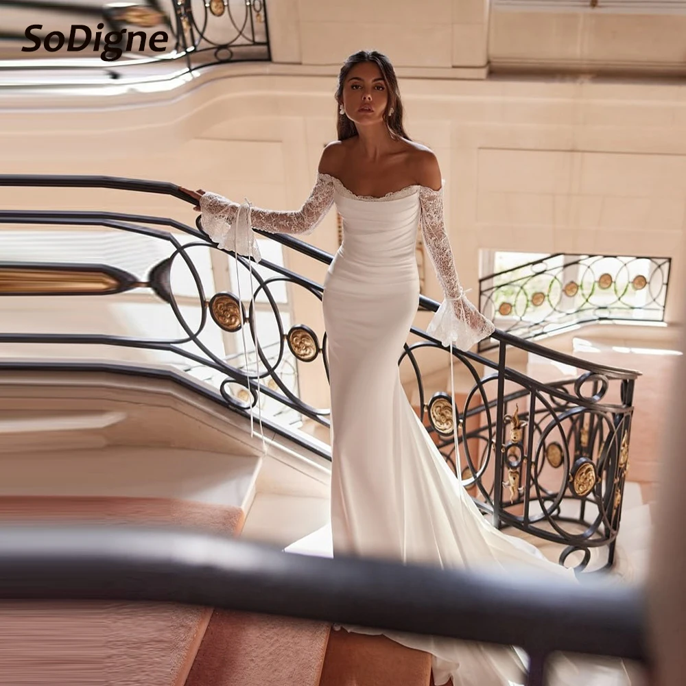    SoDigne 머메이드 오프 숄더 웨딩 드레스 긴 레이스 슬리브 신부 드레스 비치 신부 가운 Vestidos De Novia 맞춤형