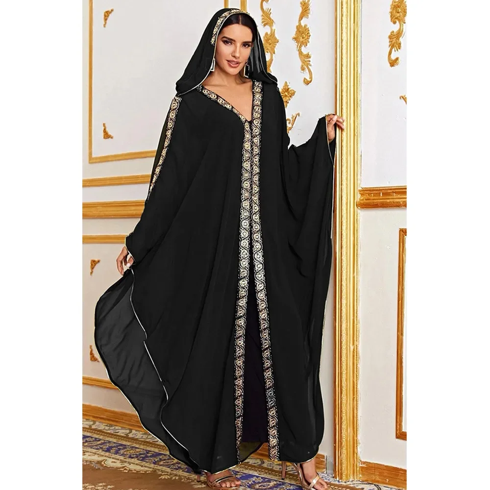 Abaya 모로코 Kaftan 두바이 후드 맥시 드레스 박쥐 슬리브 Farasha Kaftan 이슬람 여성 아프리카 오픈 기모노 Boubou 저녁 긴 가운