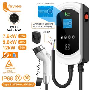 페이리 DLB 기능 EV 충전기 타입1 EVSE 월박스 32A 7.6kW 40A 9.6kW 50A 12kW 1P J1772 소켓 앱 제어 전기차용