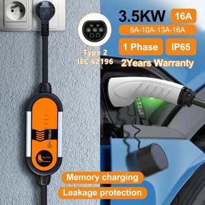 Feyree 휴대용 EV 충전기 Type2 16A 3.5KW EVSE 충전 케이블 Type1 SAE J1772 EU 플러그 컨트롤러 전기차용 월박스