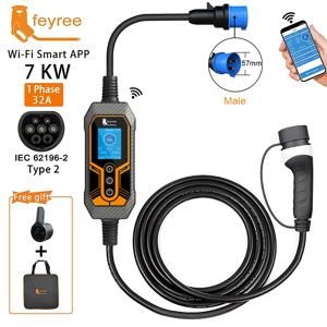 페이리 휴대용 전기차 충전기 타입2 32A 7KW Wi-Fi 앱 제어 전류 조절 가능 스마트 타이밍 충전 EVSE 월박스 가정 및 야외용