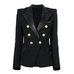가을 겨울 패션 스티치 PU 가죽 슬림 피트 긴 소매 옷깃 더블 브레스트 정장 재킷 OL 슬림 피트 블레이저 WomenS-5XL