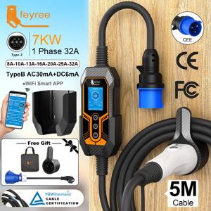 페이리 휴대용 전기차 충전기 타입2 벽걸이형 32A 7KW Wi-Fi 앱 제어 스마트 타이밍 충전 EVSE 월박스 (가정 및 야외용)