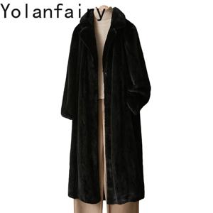 YOLANFAIRY 가을 겨울 천연 모피 코트 여성용 전체 밍크 재킷 정장 칼라 중간 길이 리얼 퍼 코트 블랙 재킷 아우터웨어