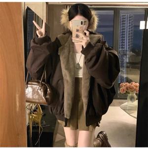 겨울 양면 착용 가능 플러스 벨벳 두꺼운 따뜻한 루즈핏 여성 파카 코트 플리스 후드 캐주얼 올매치 코튼 패딩 재킷