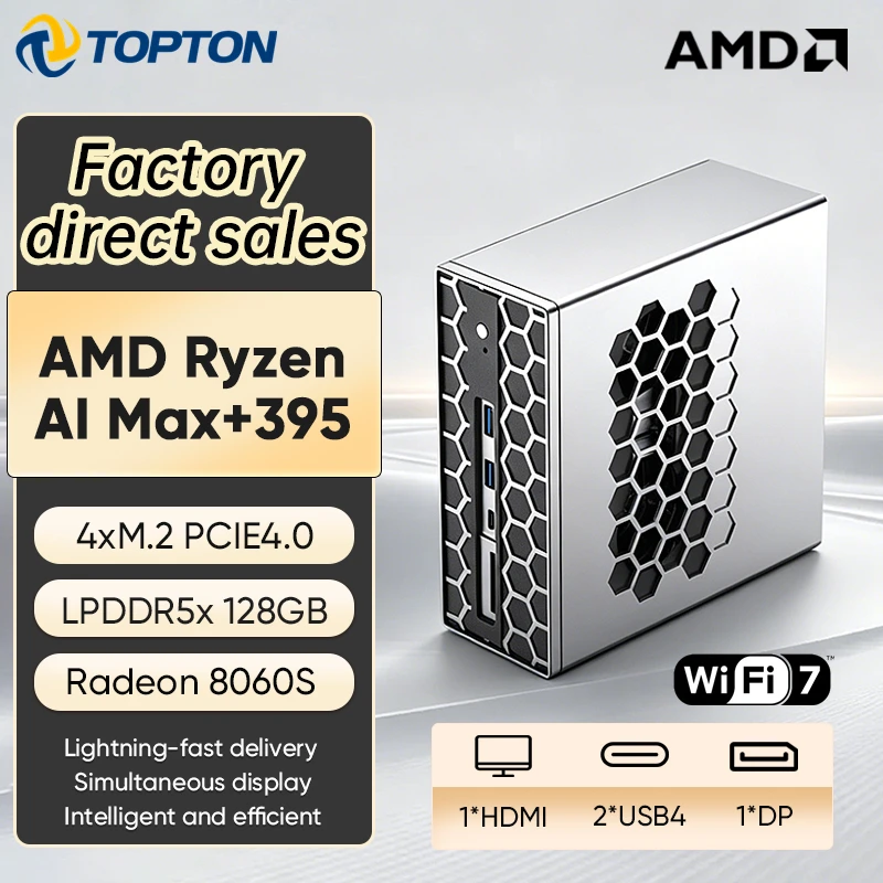 토포튼 128GB LPDDR5 게이밍 AI 미니 PC AMD 라이젠 AI Max+395 라데온 8060S 4*M.2 NVMe NAS 방화벽 컴퓨터 듀얼 NIC 10G 2.5G WIFI7