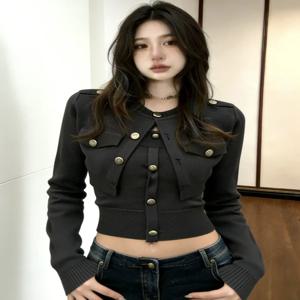 여성용 숏 가디건 투피스 세트 메탈 버클 숄더 디자인 슬림핏 스웨터 코트 이너웨어 탑 하이웨이스트 페어 쉐이프