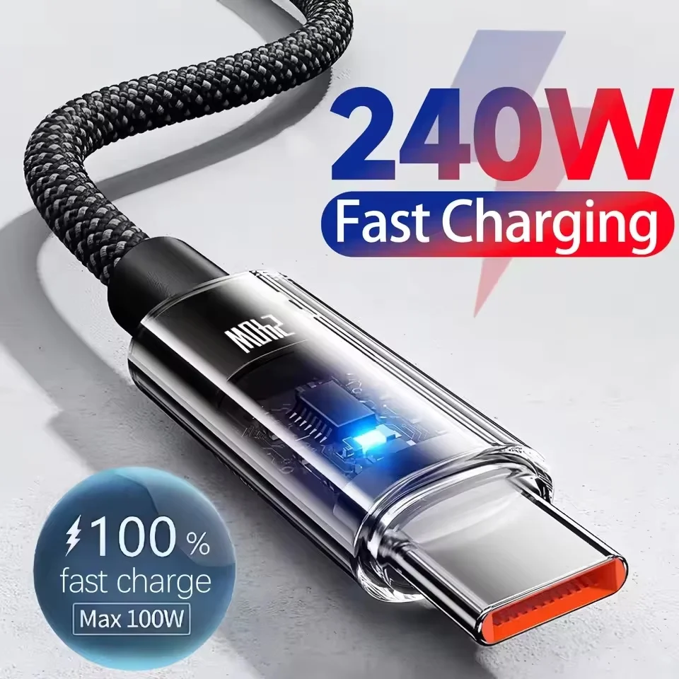 0.25/1/1.5/2M 240W 나일론 USB C PD 초고속 충전 데이터 케이블 LED 디스플레이 포함 USB to Type C 퀵차지 데이터 코드 신제품