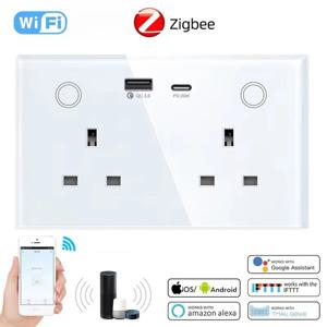 새로운 영국 표준 터치 글래스 패널 지그비 스마트 소켓, USB 타입-C PD 20w 충전 기능이 있는 이중 벽면 콘센트