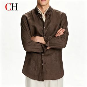 CH 린넨 자수 긴팔 셔츠 남성 우아한 스타일 버튼업 칼라 통기성 캐주얼 데일리 탑