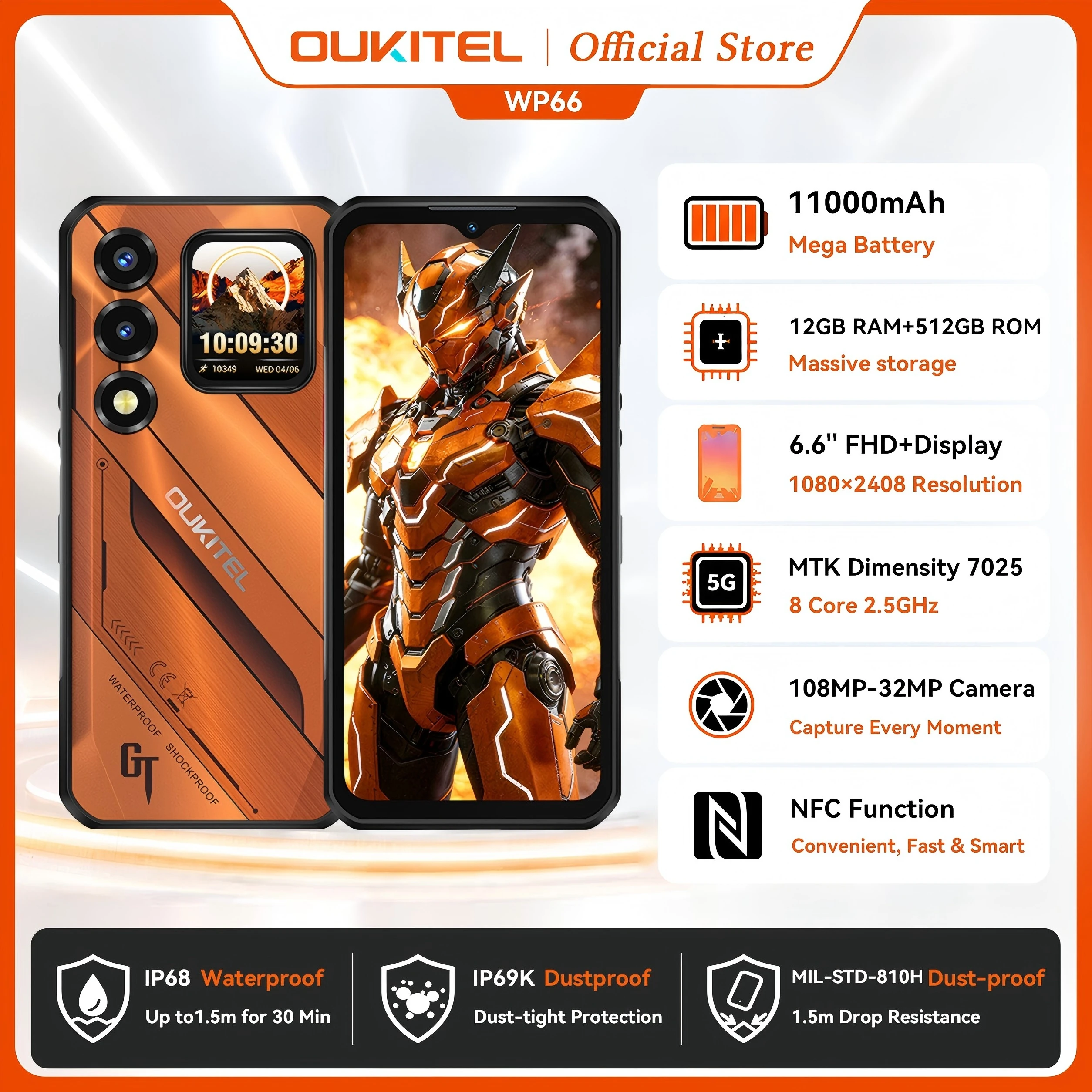 OUKITEL WP66 11000mAh 러기드 스마트폰, 36GB+512GB 6.6인치 FHD+ 1.81인치 듀얼 스크린 120Hz, 108MP NFC MTK 5G 휴대폰, 안드로이드 16