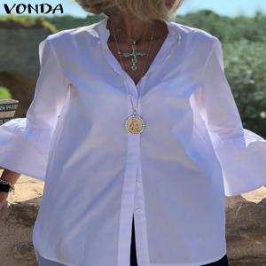 화이트 셔츠 여름 여성 솔리드 플레어 슬리브 셔츠 봄 블라우스 2022 VONDA 섹시한 V 넥 버튼 업 오피스 셔츠 Femininas Blusas