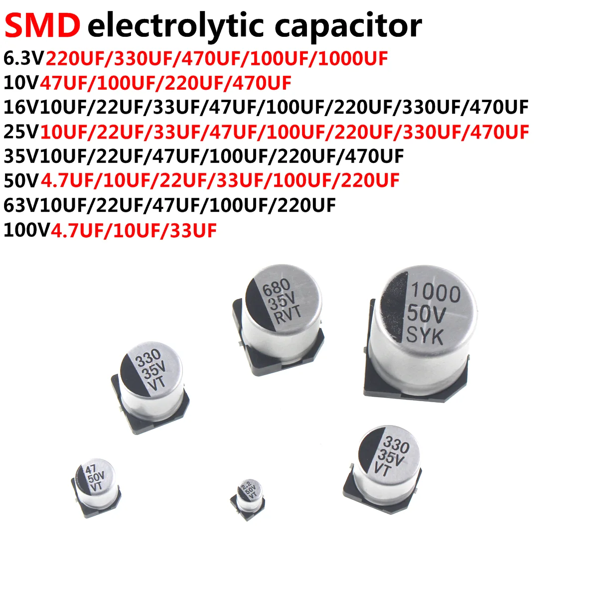100/50/20pcs SMD 6.3V 10V 16V 25V 35V 50V 알루미늄 전해 콘덴서 1 미크로포맷 10 미크로포맷 22 미크로포맷 33 미크로포맷 47 미크로포맷 100 미크로포맷 220 미크로포맷 330 미크로포맷 470 미크로포맷