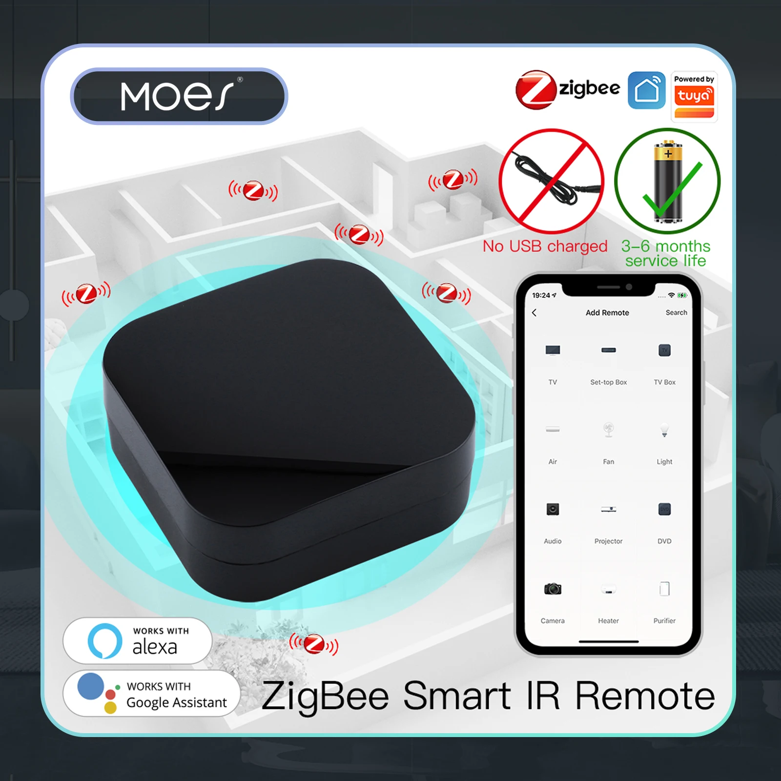 MOES Tuya ZigBee 스마트 IR 원격 제어 스마트 홈용 범용 적외선 원격 컨트롤러는 Alexa Google 홈과 함께 작동합니다.