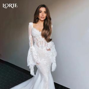 LORIE 3D 꽃 레이스 웨딩 드레스 퍼프 슬리브 A라인 V넥 프린세스 비치 브라이덜 가운 보헤미안 백리스 신부 드레스 맞춤 제작