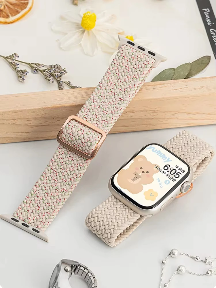Apple watch 울트라 밴드 용 땋은 솔로 루프 40mm 44mm 41mm 38mm 49mm 45mm 탄성 나일론 팔찌 iWatch 시리즈 9 8 7 3 se 스트랩