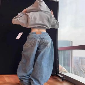 그라데이션 스프링 2025 블루 진 여성 Y2K 빈티지 하이웨이스트 진 스트레이트 스트리트웨어 루즈 와이드 레그 데님 팬츠