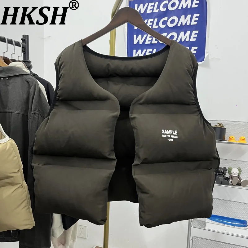 HKSH 다크 스타일 조끼 가을 겨울 신상 남성 두꺼운 무칼라 버튼 없는 패딩 코트 하이 스트리트 루즈 코튼 재킷 HK14555