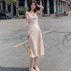봄과 여름 신상 A라인 슬림 드레스 한국 스타일 브이넥 패션 시크 새틴 캐미솔 드레스 캔디 컬러 우아한 베스티도스