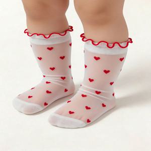 여아용 중간 길이 양말 1켤레, 통기성이 좋고 편안한 레드 하트 패턴의 스트레이트 레그 양말, 봄과 여름에 적합
