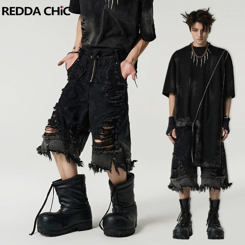 REDDACHiC 디스트로이드 데님 버뮤다 팬츠 남성 빈티지 패치워크 프레이드 홀 와이드 레그 카고 진 반바지 Alt 하라주쿠 스트리트웨어