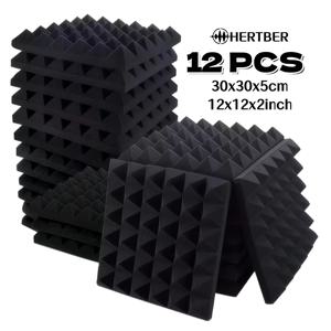 HERTBER 12개입 30x30x5cm 블랙 피라미드형 흡음재 진공압축 무접착 방음 패널 (스튜디오 벽 천장용)