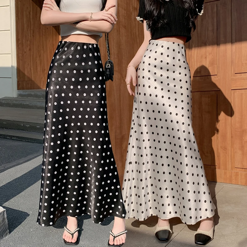 새틴 폴카 도트 인어 스커트 - 여성용 Flowy Bodycon Midaxi 하이 웨이스트 플래터 스커트