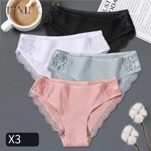 FINETOO 3개 세트 여성용 면 팬티 M-2XL 로우라이즈 언더웨어 트렌디 패치워크 레이스 브리프 여성용 부드러운 속옷 2022