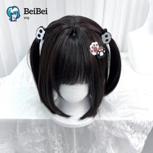 블랙 밥 12인치 앞머리 있는 짧은 밥 스타일 합성 가발 여성용 스트레이트 귀여운 로리타 가발 고온 섬유 코스프레 파티용
