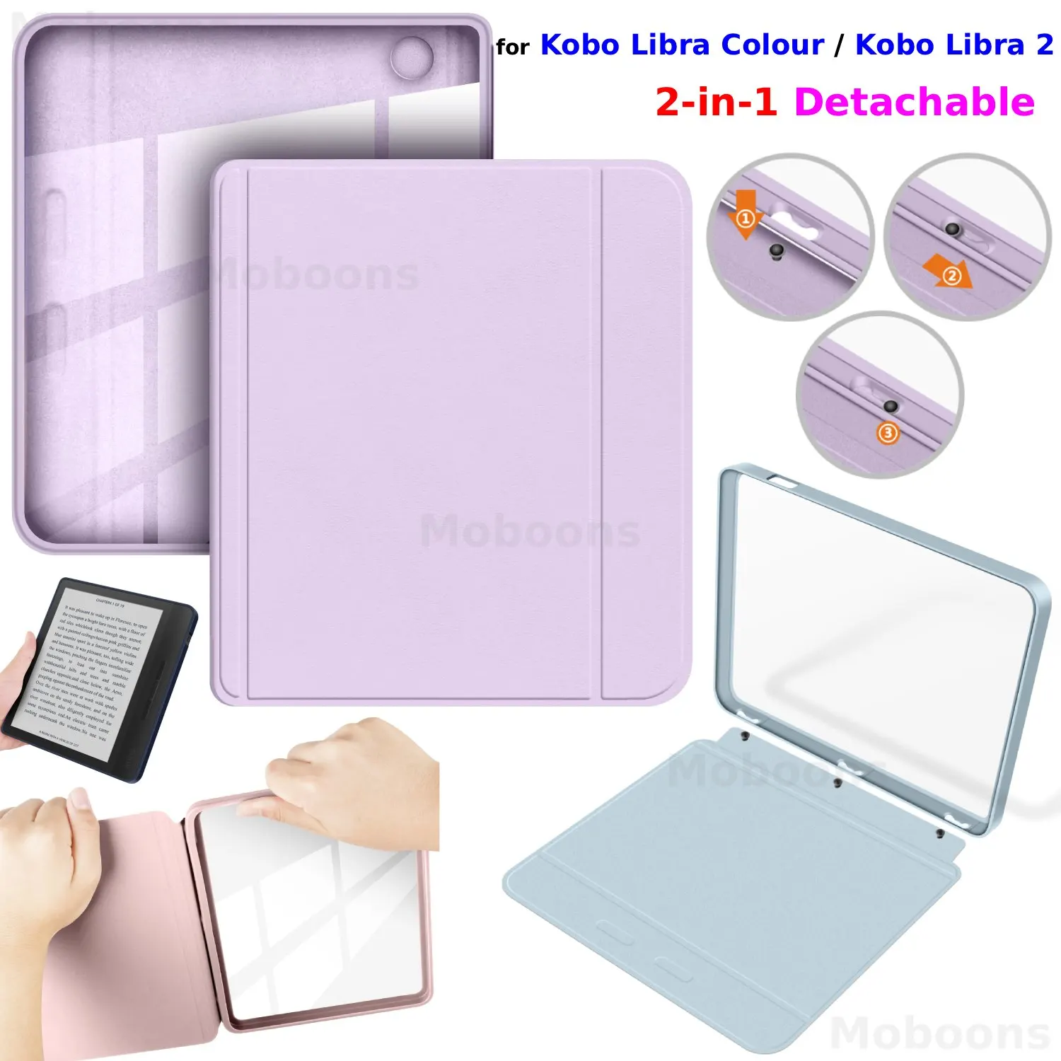 Kobo Libra Color/Libra 2 7인치 분리형 2-in-1 케이스 투명 아크릴 백 웨이크/슬립 PU 가죽 커버 액세서리 전자책 Funda