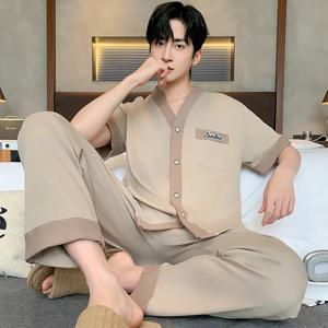 남성용 일본식 기모노 캐주얼 패션 솔리드 컬러 가디건 루즈핏 여름 반팔 잠옷 긴바지 홈웨어