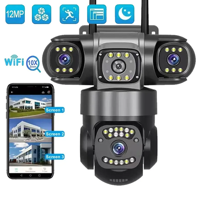 12MP WiFi IP 카메라 실외용 3렌즈 AI 추적 PTZ 10X 줌 무선 보안 CCTV 비디오 감시