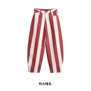 KASLEAD 새로운 유행 심플 스트라이프 콘 데님 청바지 여성 캐주얼 바지 내추럴 허리 버튼 폴리에스터 섬유