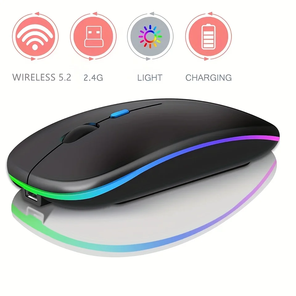 LED 조명을 갖춘 초슬림 무선 충전식 마우스, 듀얼 모드(BT 및 2.4G), iPad, 노트북, PC, Mac, Windows와 호환 가능