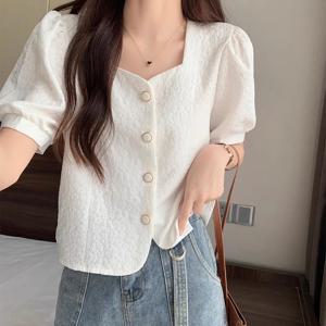 다목적 스퀘어 칼라 버블 슬리브 짧은 셔츠 여성용 티셔츠 짧은 길이 여름 새 스타일 루즈핏 코튼 블렌드 블라우스