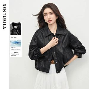 SENTUBILA 여성용 인조 가죽 재킷 2026 봄 블랙 루즈 라펠 방풍 PU 가죽 재킷 레트로 여성 코트 W61GD6039
