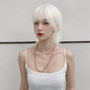 순수한 흰색 울프테일 합성 가발 남녀공용 짧은 머리 흰색 멀렛 헤어 짧은 스트레이트 헤어 화학섬유 헤드기어