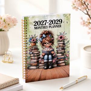 휴대용 2027-2029 월간 플래너 노트 귀여운 독서하는 소녀 프린트 트윈 와이어 바인딩 월간 캘린더(줄지어진 노트 페이지 포함)
