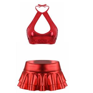 여성용 메탈 인조 가죽 치어리더 유니폼, 코스튬 치어댄스웨어, 스트랩 크롭탑 조끼, 더블 레이어 프릴 미니 스커트
