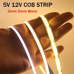 DC5V USB COB LED 스트립 3mm 5mm 8mm 너비 12V 320LED 접착제가 있는 유연한 LED 스트립 조명 고밀도 선형 조명