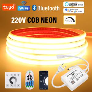 Tuya WIFI 블루투스 COB LED 스트립 빛 220V 디밍이 가능한 240LED/M 방수 야외 따뜻한 흰색 네온 불빛 주방 룸 정원