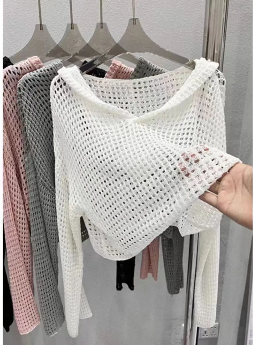 Pointelle 니트 후드 스웨터 여성용 Sheer Openwork 긴 소매 Boxy-fit 풀오버 크롭 탑 Teen-girl 봄 여름 Y2K Outfit