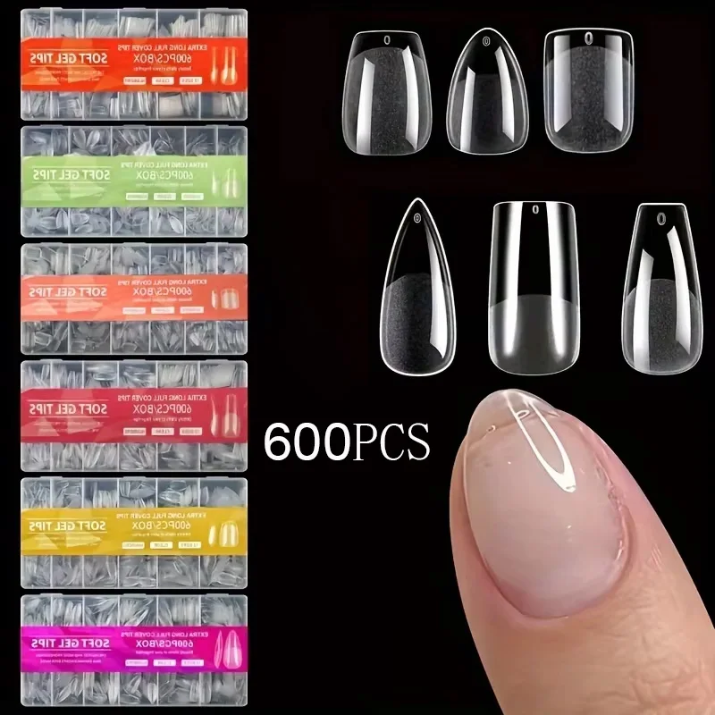 짧은 아몬드 모양, 사각형, 사다리꼴, 반무광, 투명 아크릴 인조 손톱 팁 600개, 네일 연장 및 네일 아트 도구용