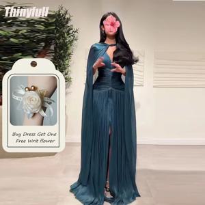 Thinyfull A 라인 아랍어 댄스 파티 드레스 민소매 V 넥 이브닝 파티 가운 숄 포함 두바이 스플릿 드레스 Robes De Soirée 맞춤형