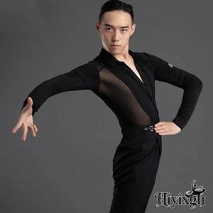 2026 새로운 긴팔 라틴 댄스 티셔츠 소년용 연습용 상의 남성용 딥 V 네크라인 시스루 디자인 찰스 셔츠