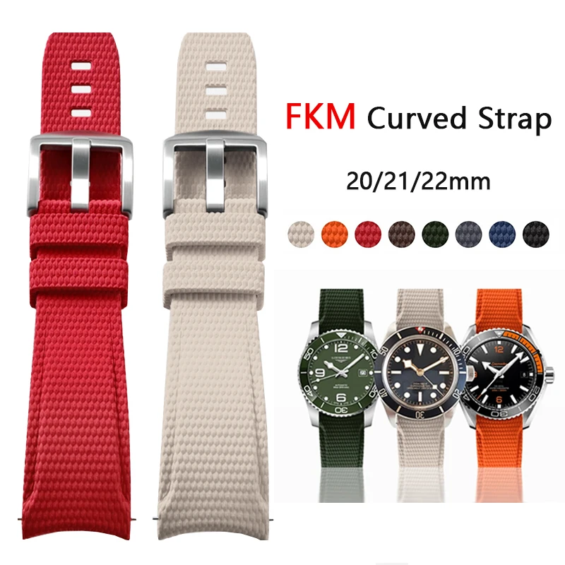 20mm 21mm 22mm 곡선형 FKM 스트랩, 론진, 오메가, 카시오, 세이코용 범용 퀵 릴리즈 불소고무 스포츠 팔찌 시계줄